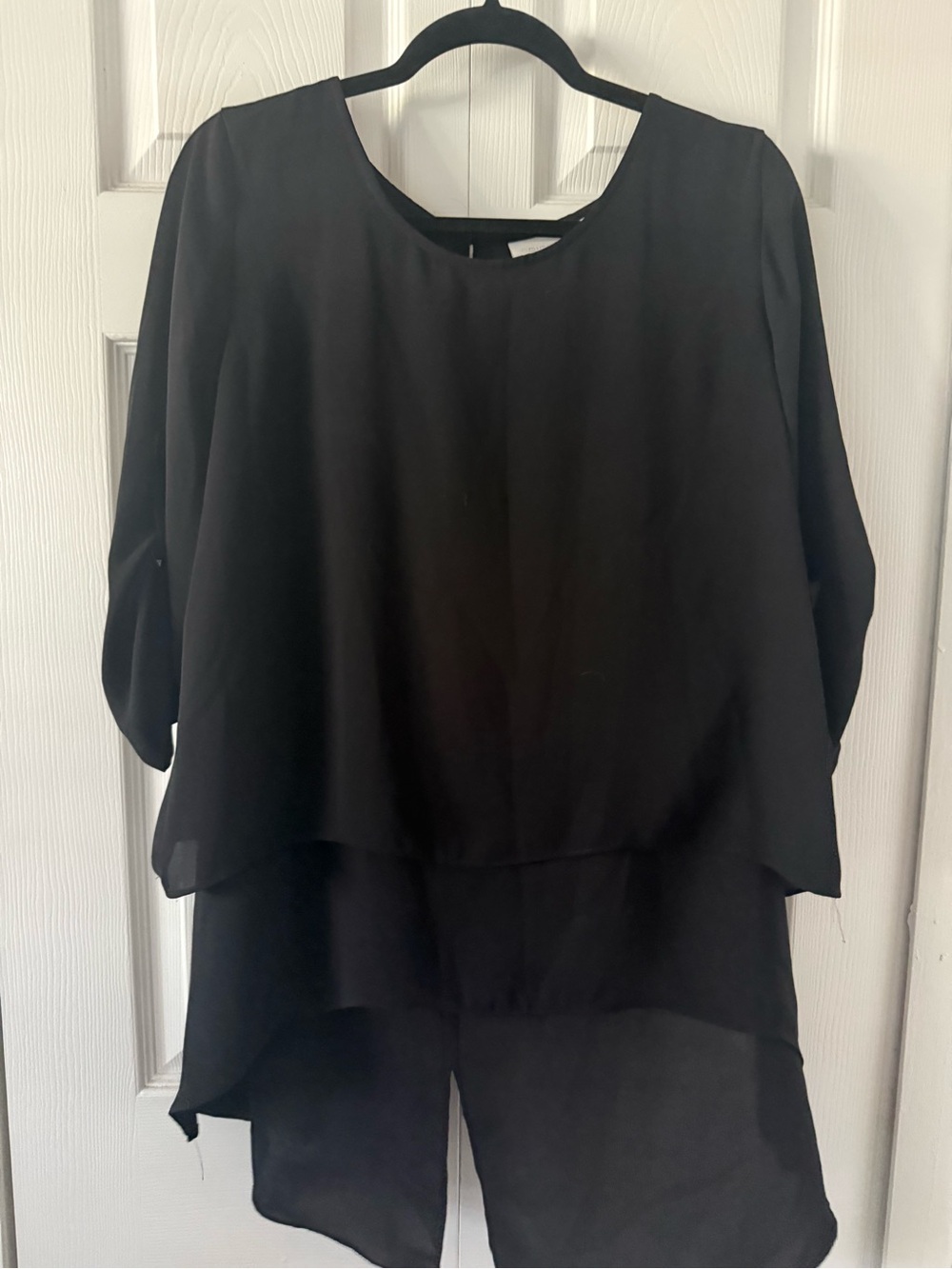 Chico’s Black Sheer 3 Layer Sheer Tiered Black Dolman Style Blouse Size 1